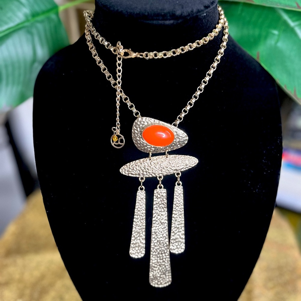 Abstract Hammered Gold Necklace w. Orange Statement Bead!